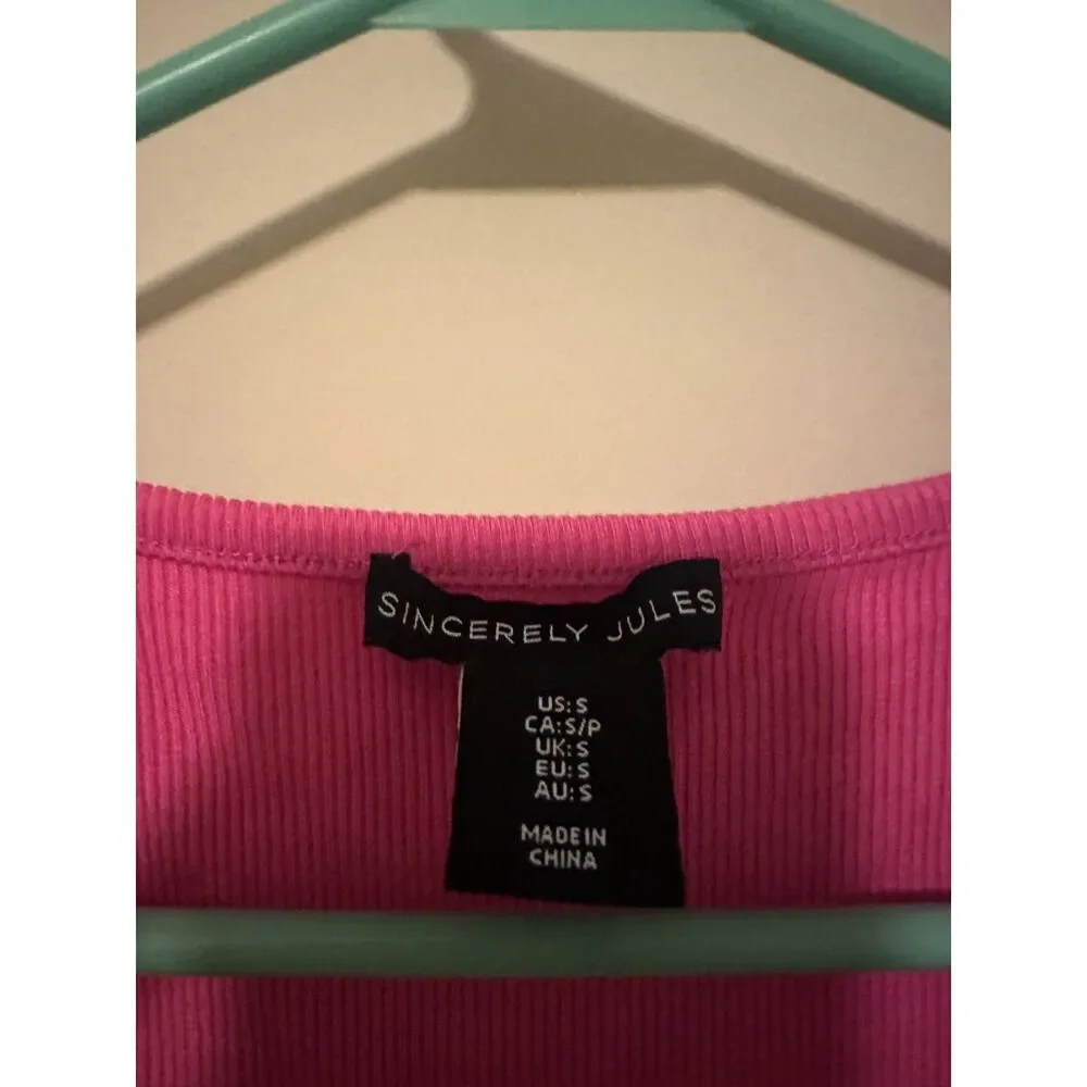 Sincerely Jules Hot Pink Corset Ribbed Tank Top Crop Scoop Neck Faux Boning Sz S